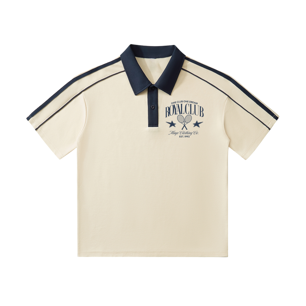Tan polo shirt with navy accents and a logo on a white background