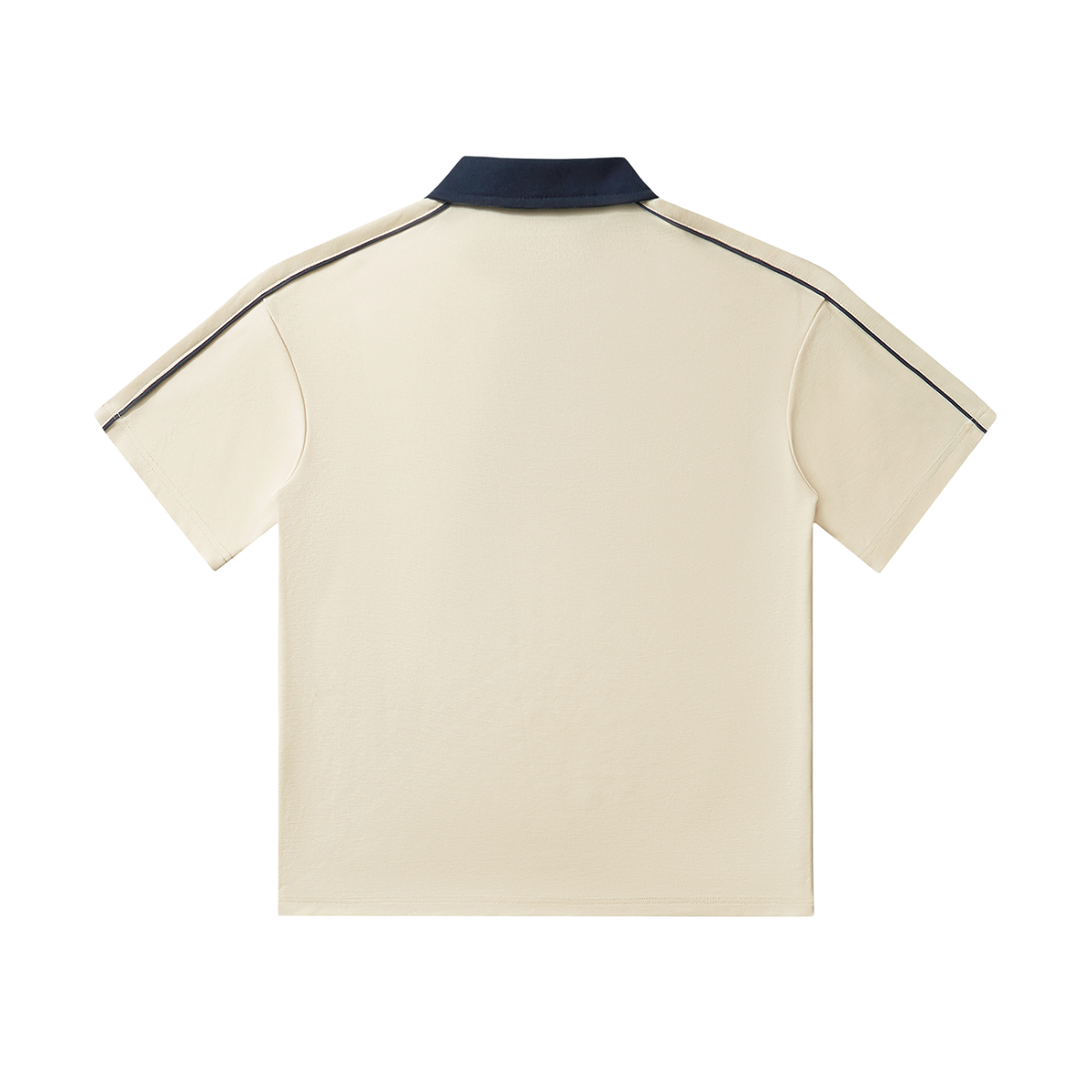 Tan polo shirt with navy trim on a white background