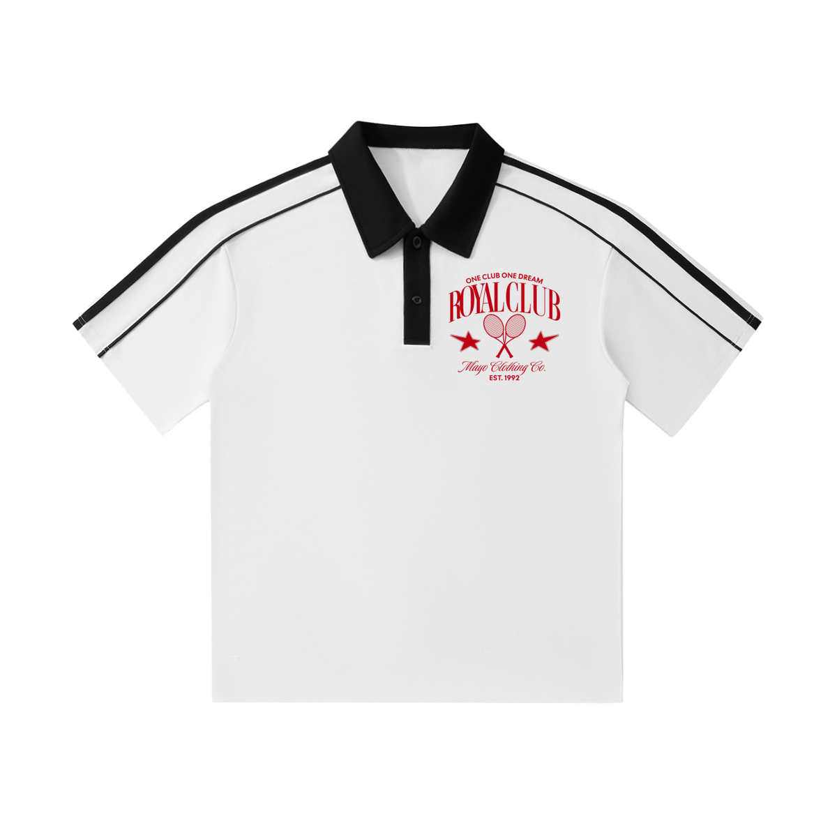 White polo shirt with black collar and red graphic on a white background