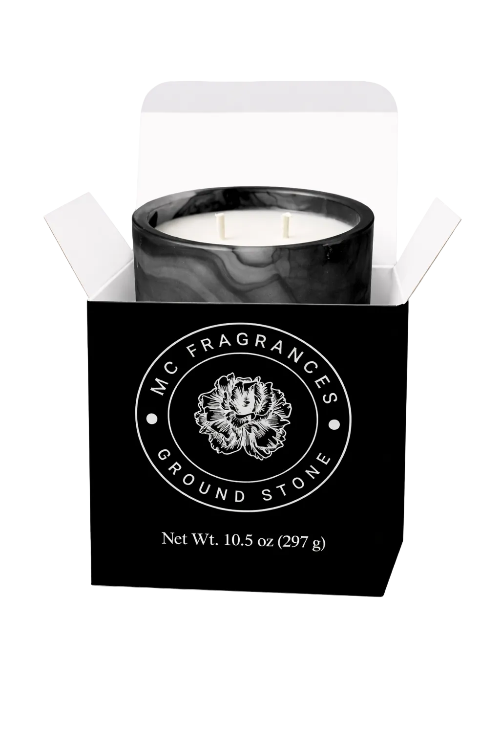 Marble-patterned candle in a black box with 'MC Fragrances' branding on a light gray background
