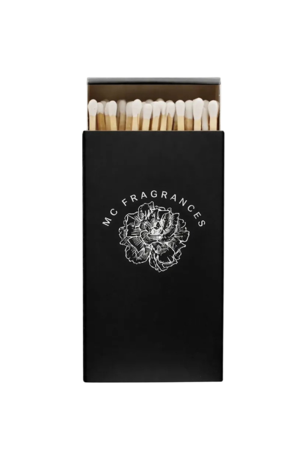 Black matchbox with 'MC Fragrances' logo and matches on a white background