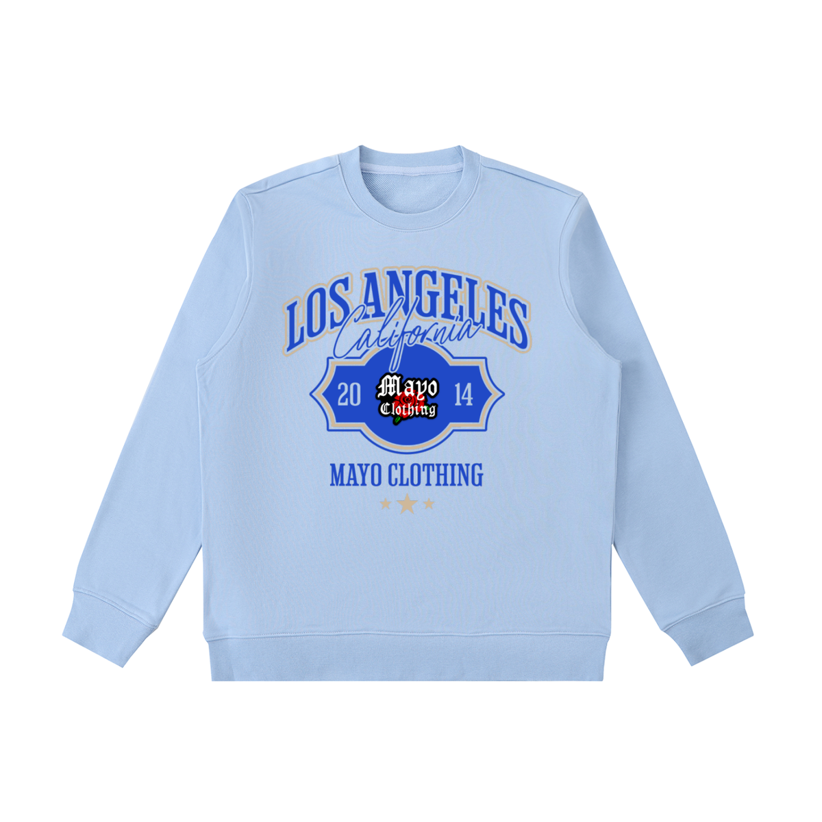 Light blue sweatshirt with 'Los Angeles California' and 'Mayo Clothing' text on a white background
