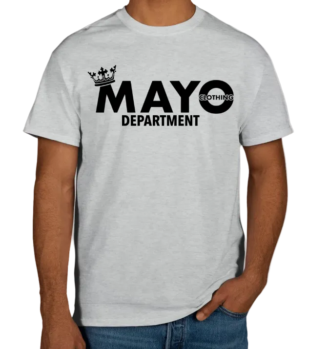 Person wearing a ash t-shirt with 'Mayo Department' text and logo on a plain background