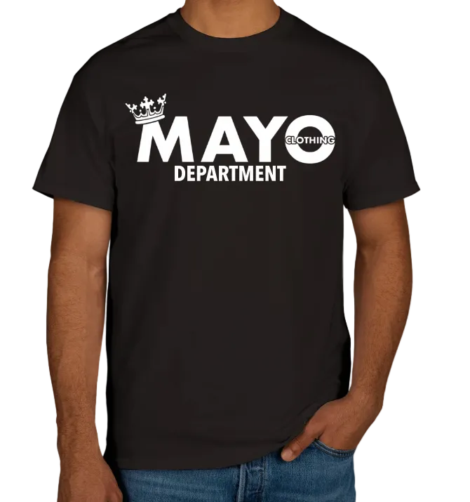 Black t-shirt with 'MAYO DEPARTMENT' text and logo on a gray background