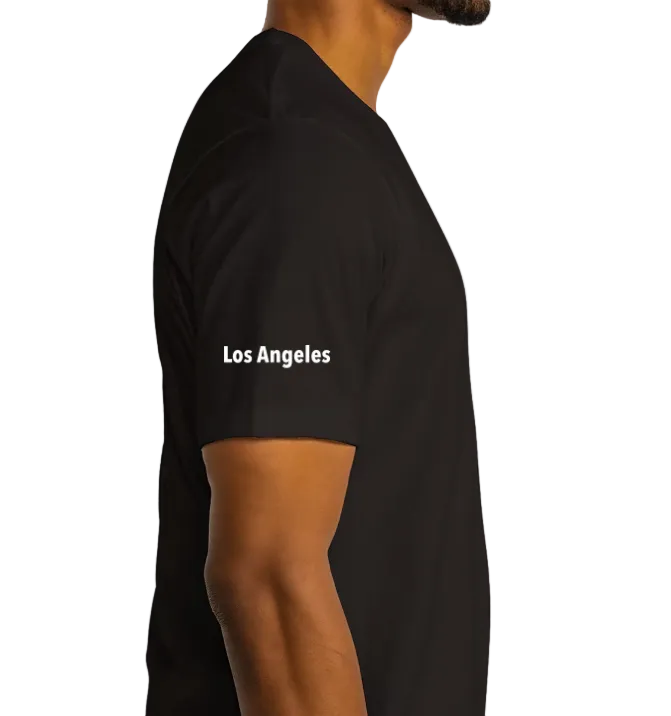 Black t-shirt with 'Los Angeles' text on a plain background