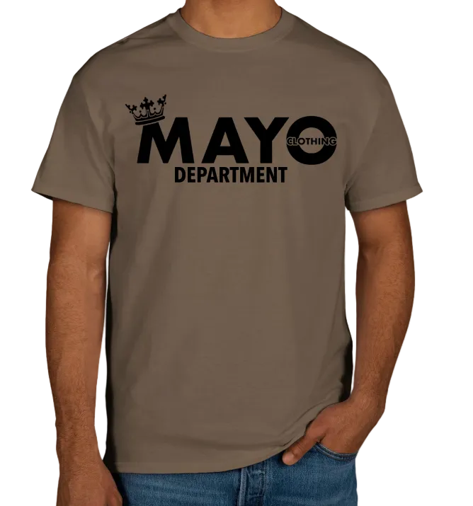 Brown t-shirt with 'MAYO DEPARTMENT' text and logo on a white background