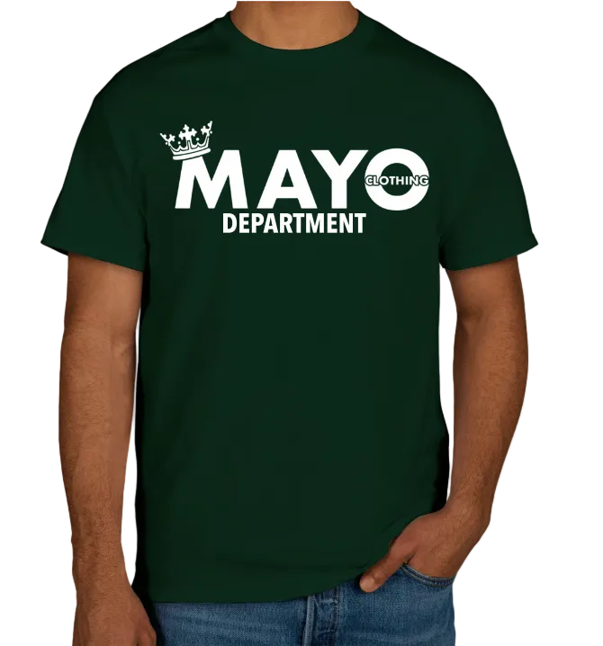 Person wearing a green t-shirt with 'MAYO DEPARTMENT' text and logo on a gray background