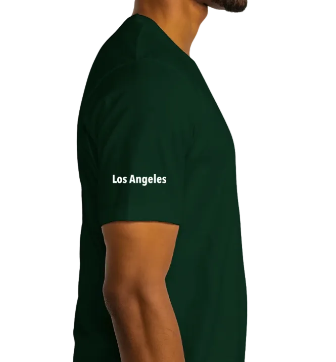 Green t-shirt with 'Los Angeles' text on a plain background