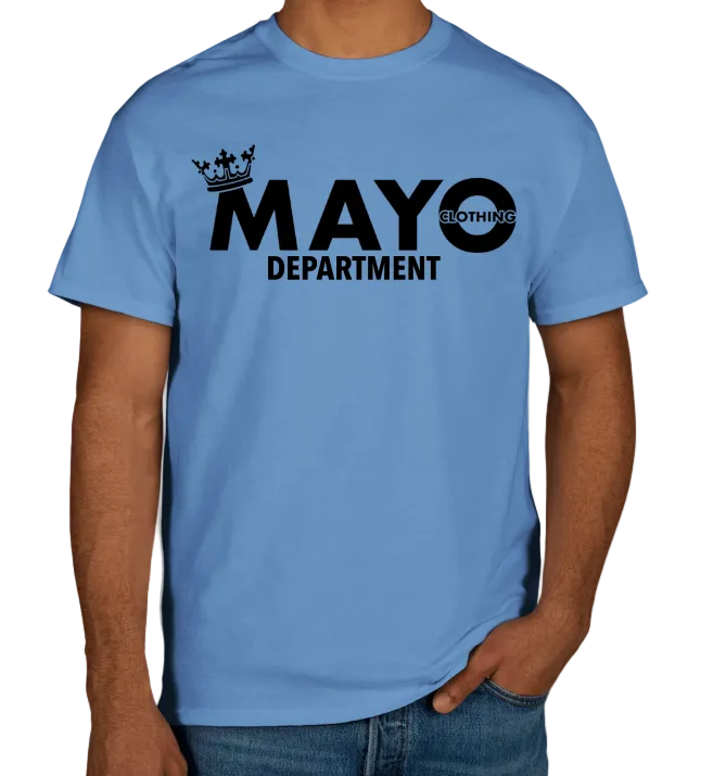 Person wearing a blue t-shirt with 'MAYO DEPARTMENT CLOTHING' text on a white background