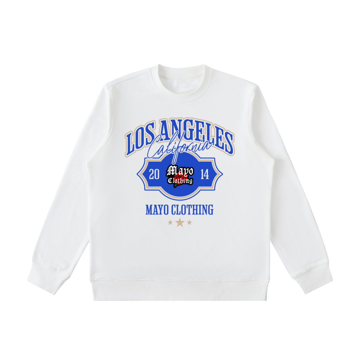 White sweatshirt with 'Los Angeles California' and 'Mayo Clothing' text on a white background