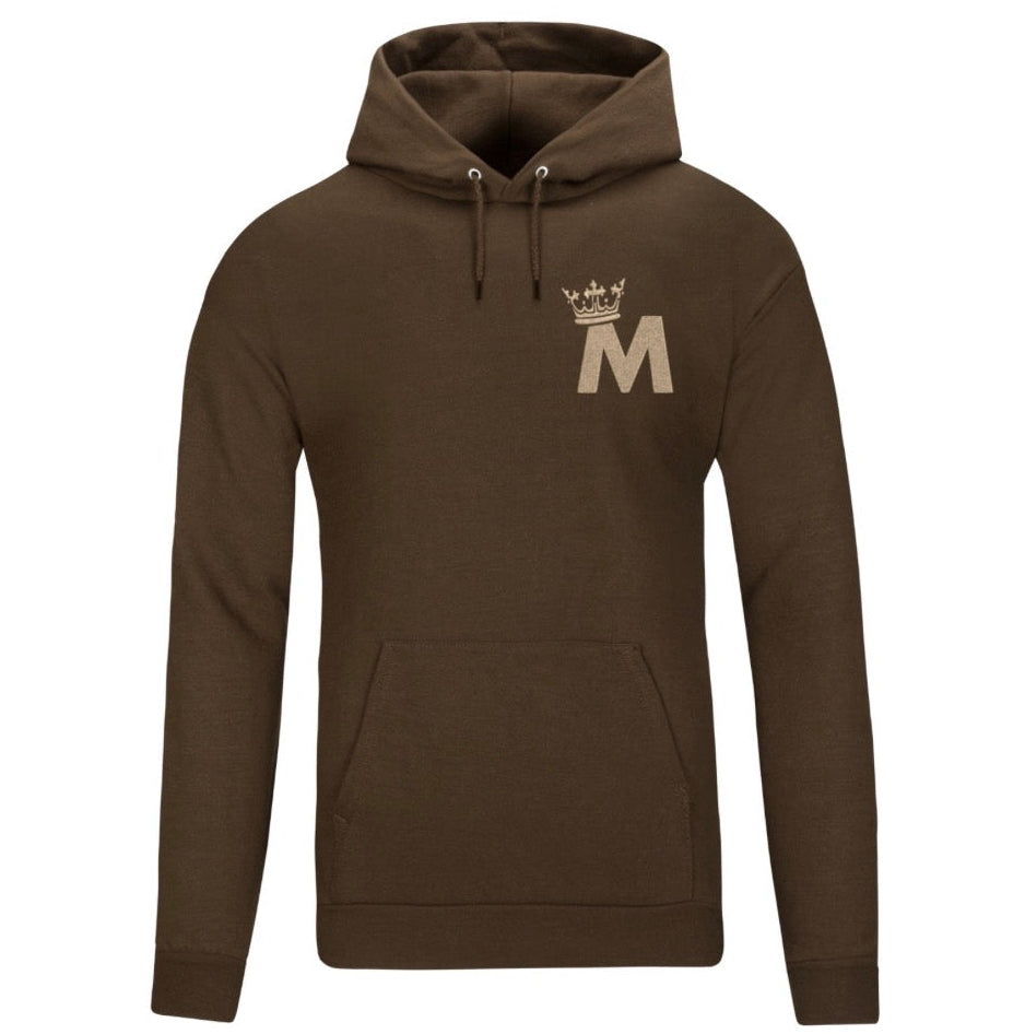 Brown hoodie with a logo on a white background