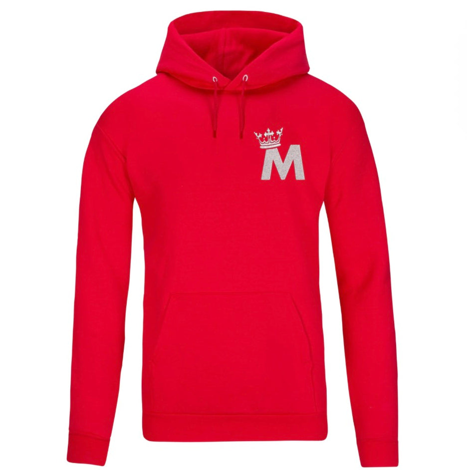 Red hoodie with a logo on the chest against a white background