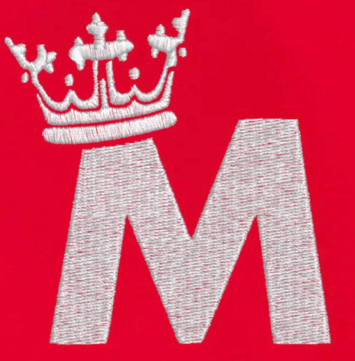 White embroidered letter 'M' with a crown on a red background