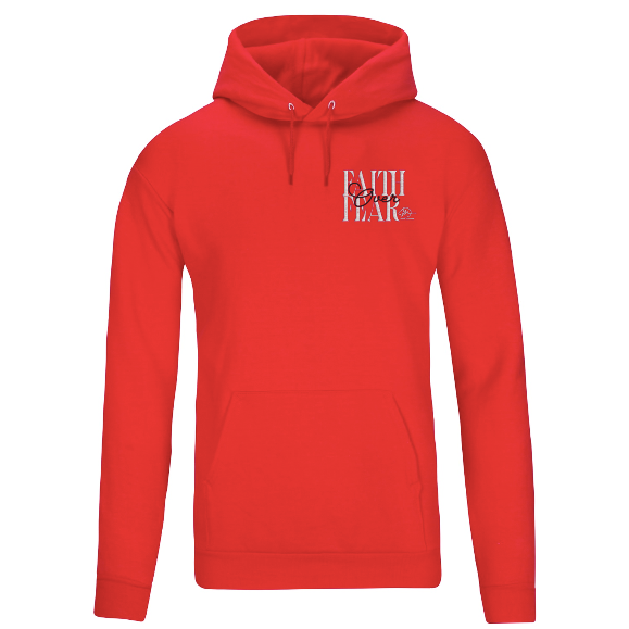 Red hoodie with a logo on the chest against a white background