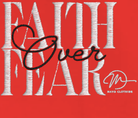 Text 'FAITH OVER FEAR' with a signature on a red background, featuring the brand 'Nayo Clothing'.