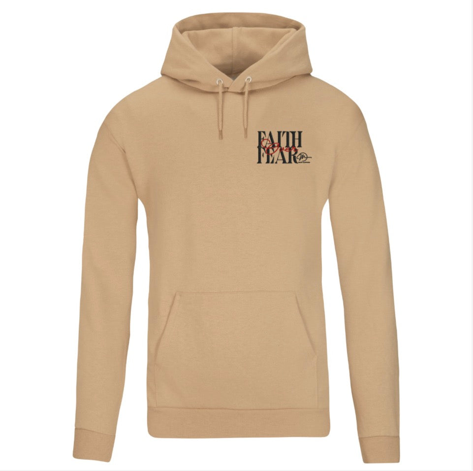 Sand hoodie with 'Faith Over Fear' text on a white background