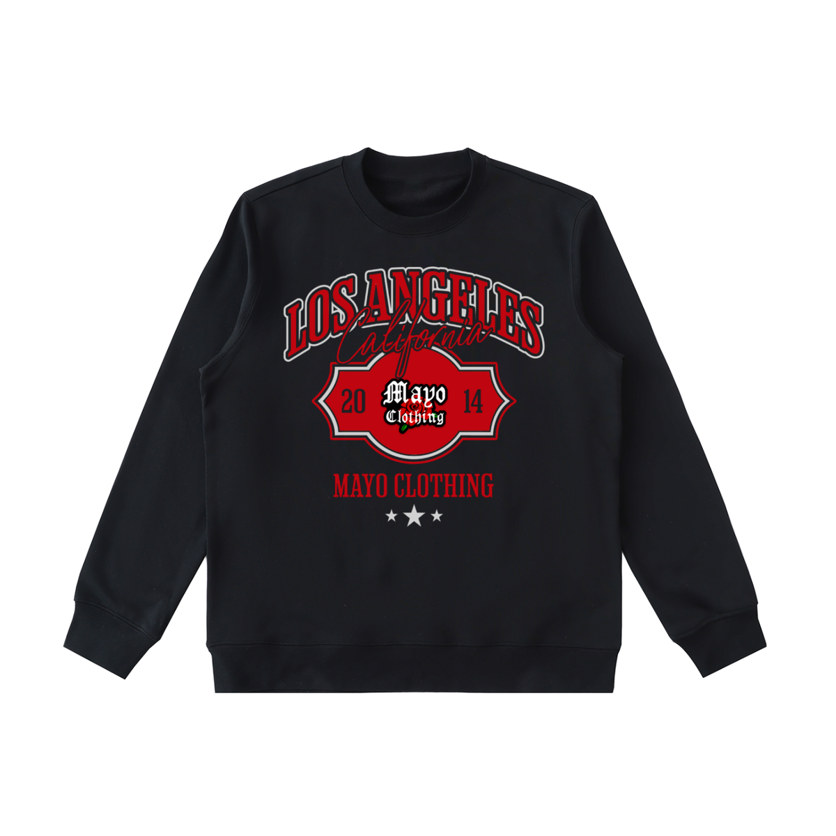 Black sweatshirt with 'Los Angeles' and 'Mayo Clothing' text on a white background