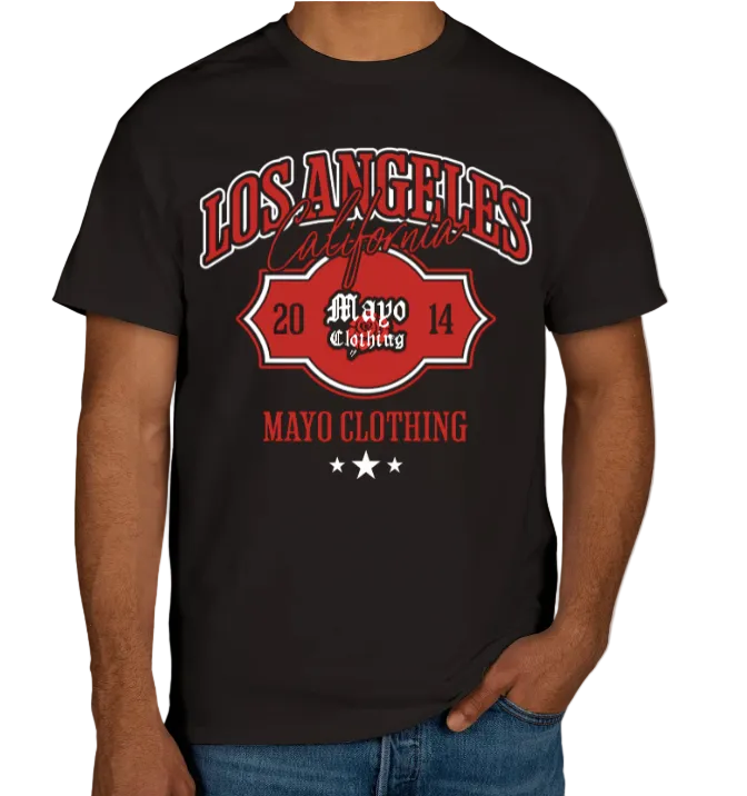 Black t-shirt with red and white graphic design on a plain background
