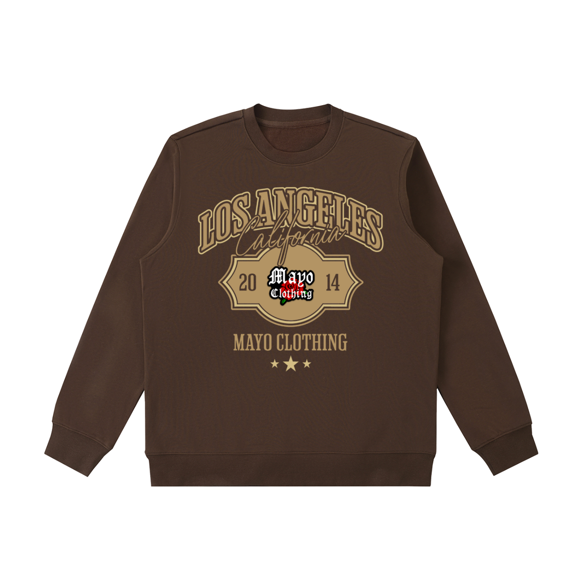 Brown sweatshirt with 'Los Angeles' and 'Mayo Clothing' text on a white background