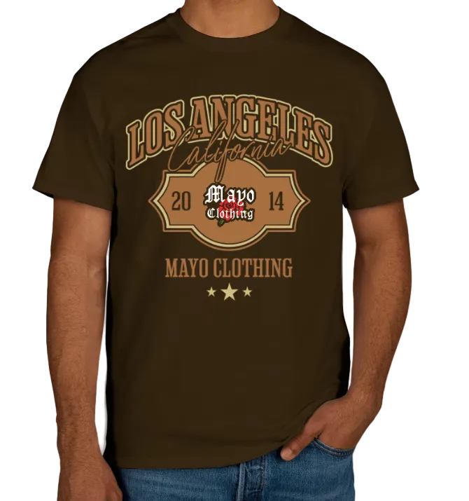 Brown t-shirt with 'Los Angeles California' and 'Mayo Clothing' text on a plain background