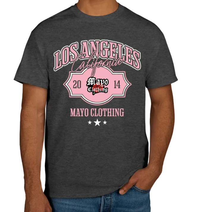 Person wearing a dark gray t-shirt with 'Los Angeles California' and 'Mayo Clothing' text on a light gray background