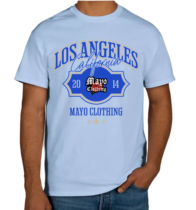 Light blue t-shirt with 'Los Angeles California' and 'Mayo Clothing' text on a plain background