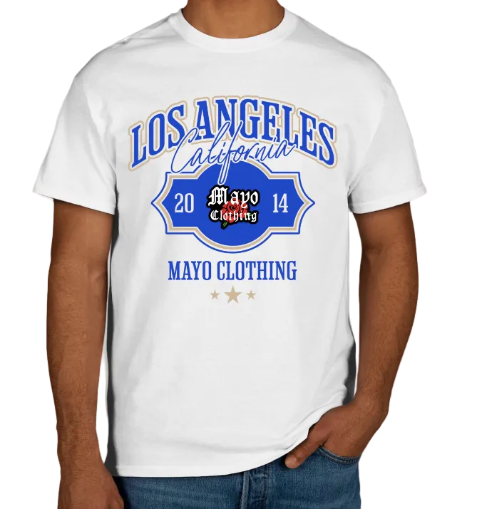 White t-shirt with 'Los Angeles California' and 'Mayo Clothing' text on a plain background