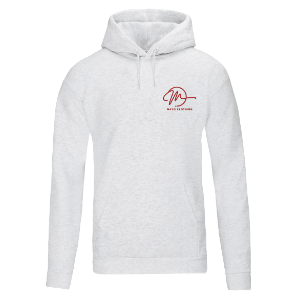 Ash hoodie with a red logo on a white background
