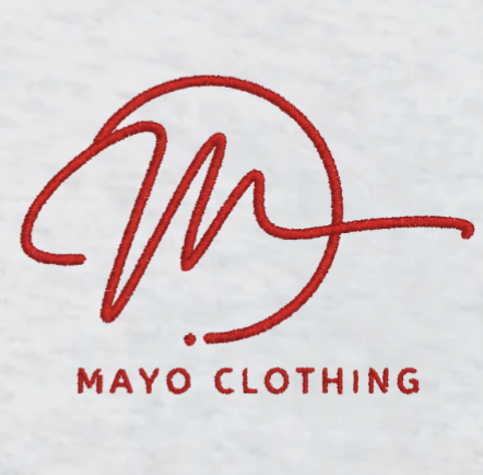 Red embroidered logo with 'M' and 'Mayo Clothing' text on a ASH background