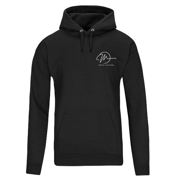 Black hoodie with a logo on the chest against a white background