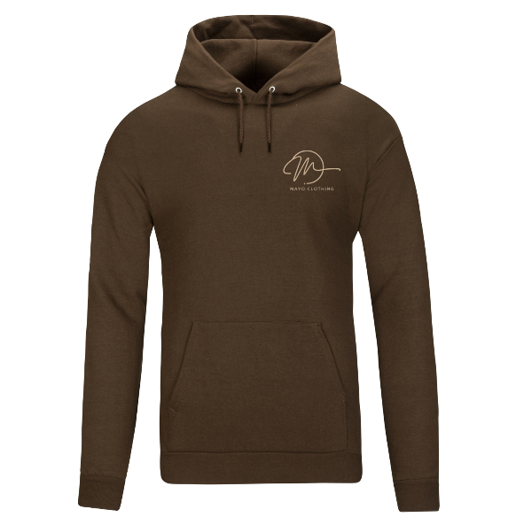 Brown hoodie with a logo on the chest against a white background