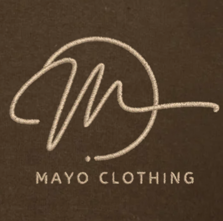 Embroidered logo of Mayo Clothing on a brown background
