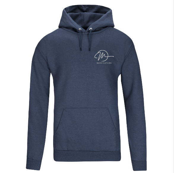 Navy blue hoodie with a logo on the chest against a white background