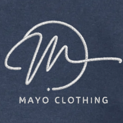 Mayo Clothing logo on a dark blue background