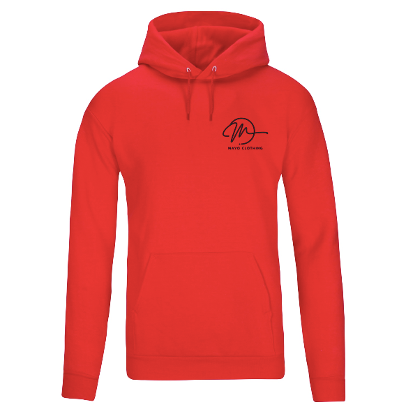 Red hoodie with a black logo on a white background