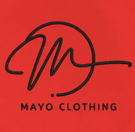 Black logo and text 'Mayo Clothing' on a red background