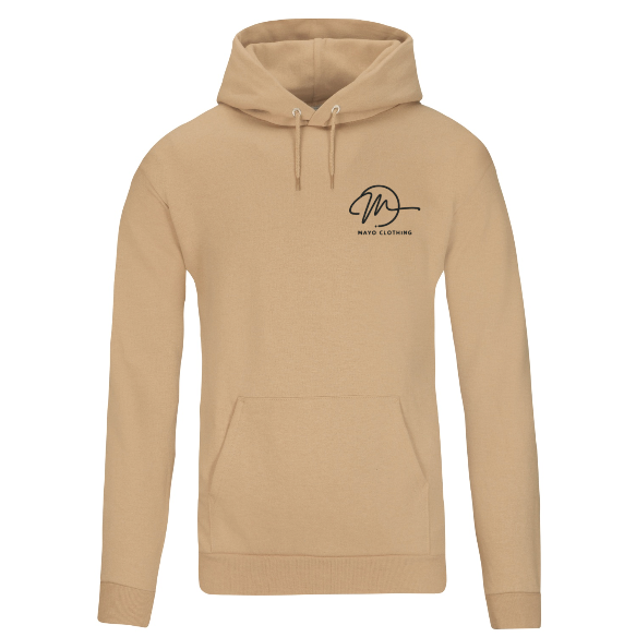 Sand hoodie with a logo on the chest against a white background