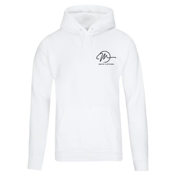 White hoodie with a black logo on a white background