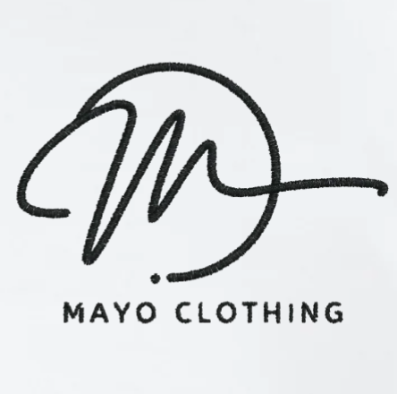 Logo of Mayo Clothing with a stylized 'M' on a white background