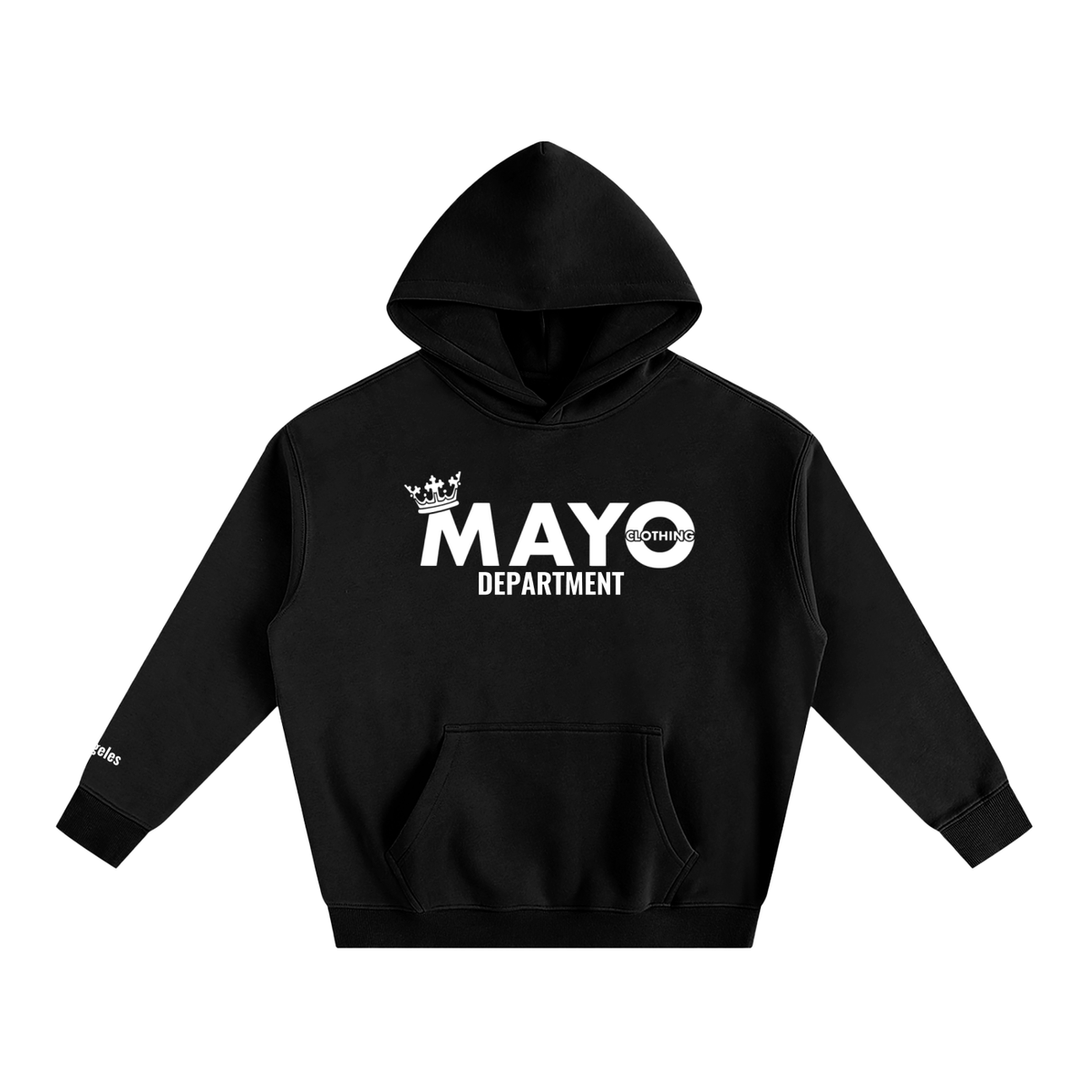 Black hoodie with 'MAYO DEPARTMENT' text on a white background