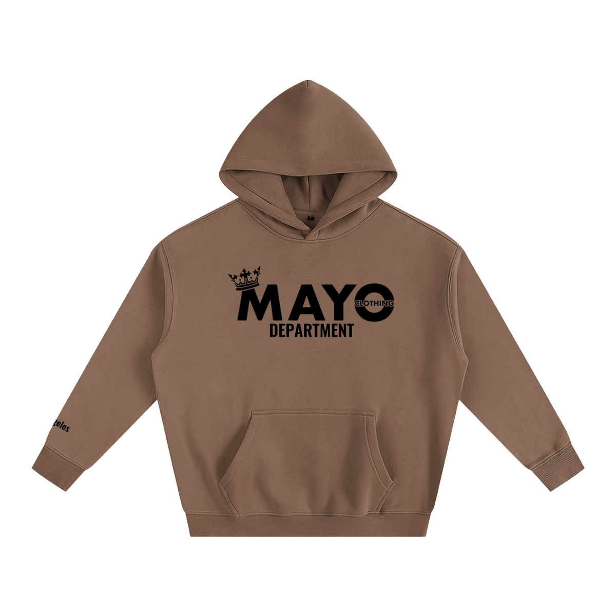 Brown hoodie with 'MAYO DEPARTMENT' 'LOS ANGELES' text on THE RIGHT SLEEVE ON a white background