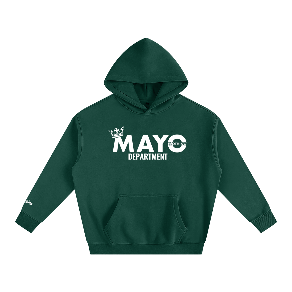 Green hoodie with 'MAYO DEPARTMENT' text on a white background