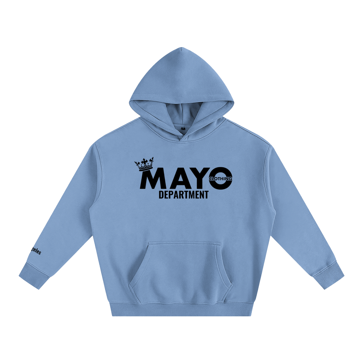 Light blue hoodie with 'MAYO Department' text on a white background