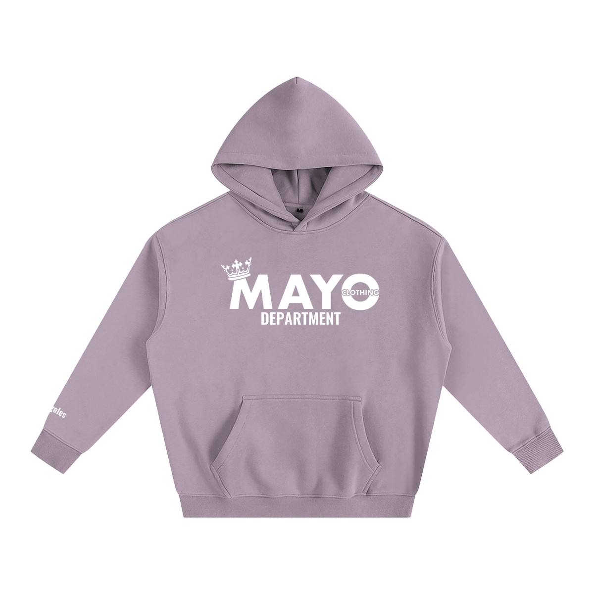 Purple hoodie with 'MAYO Department' text on a white background