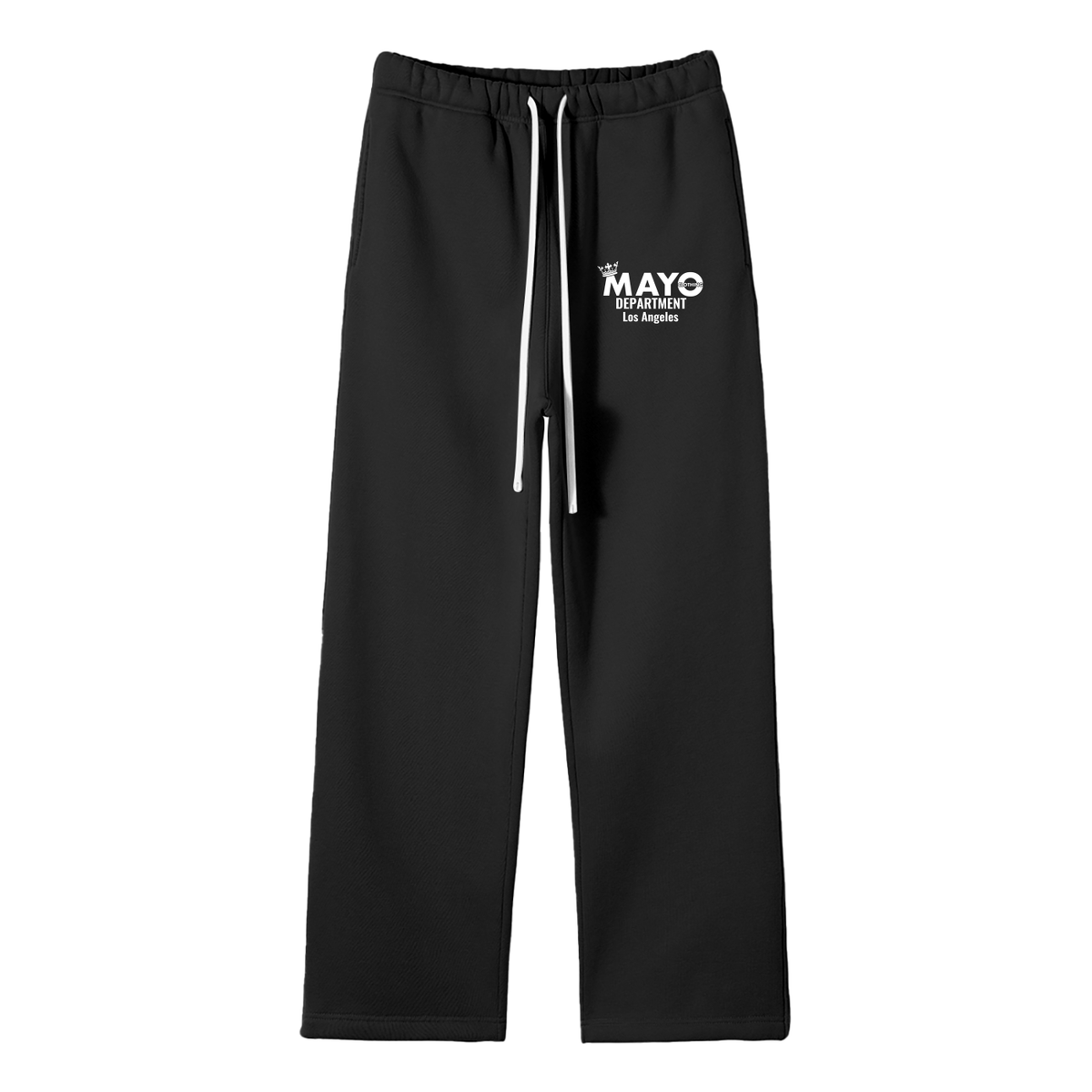 Black sweatpants with a logo on the left leg against a white background