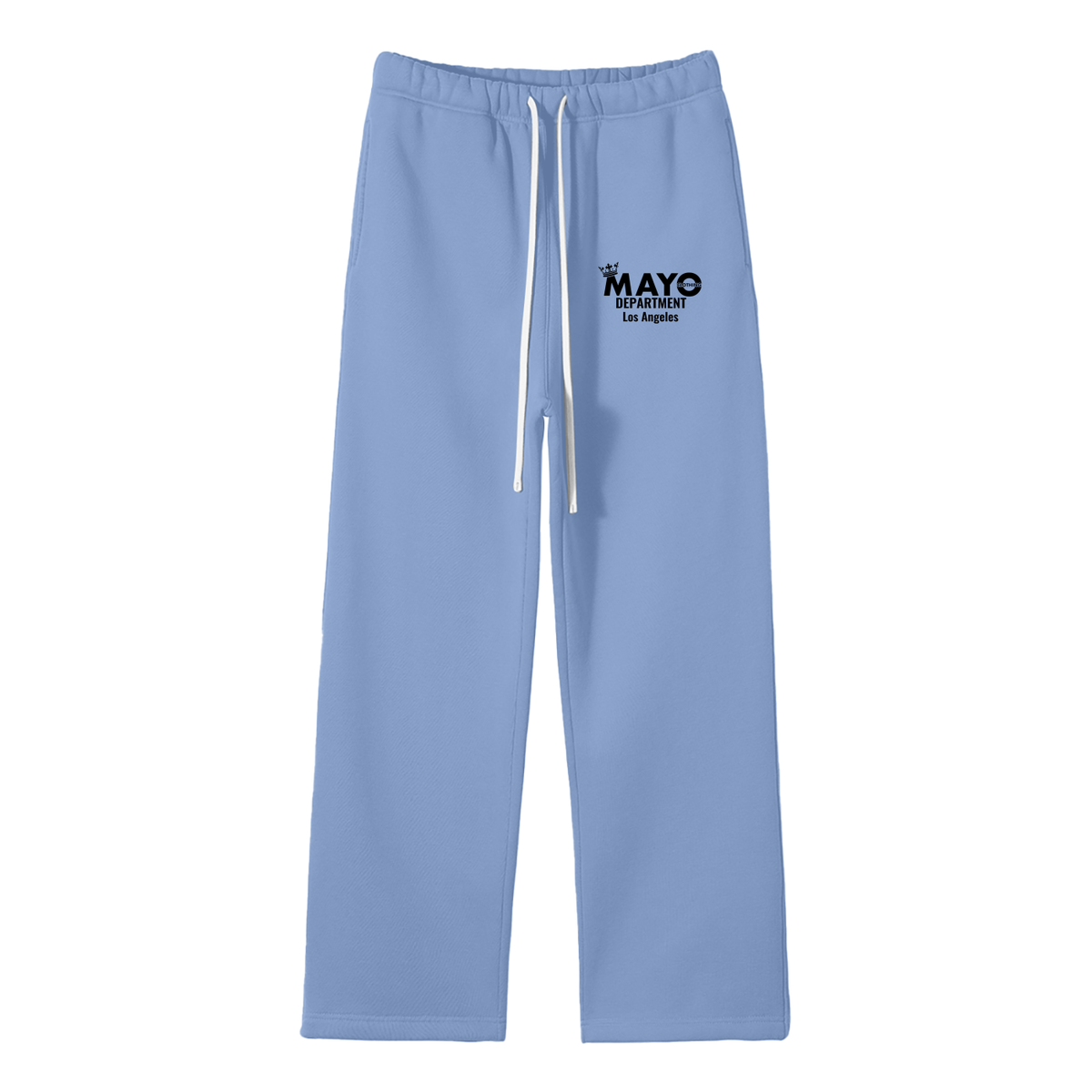 Light blue sweatpants with a logo on the left leg against a white background