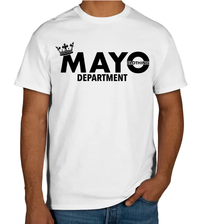 White t-shirt with 'MAYO DEPARTMENT' printed on it against a white background