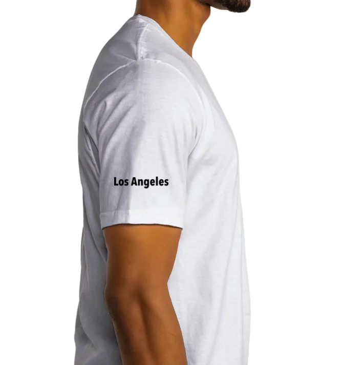 White t-shirt with 'Los Angeles' text on a white background