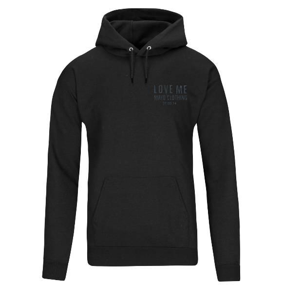 Black hoodie with 'LOVE ME' text on a white background
