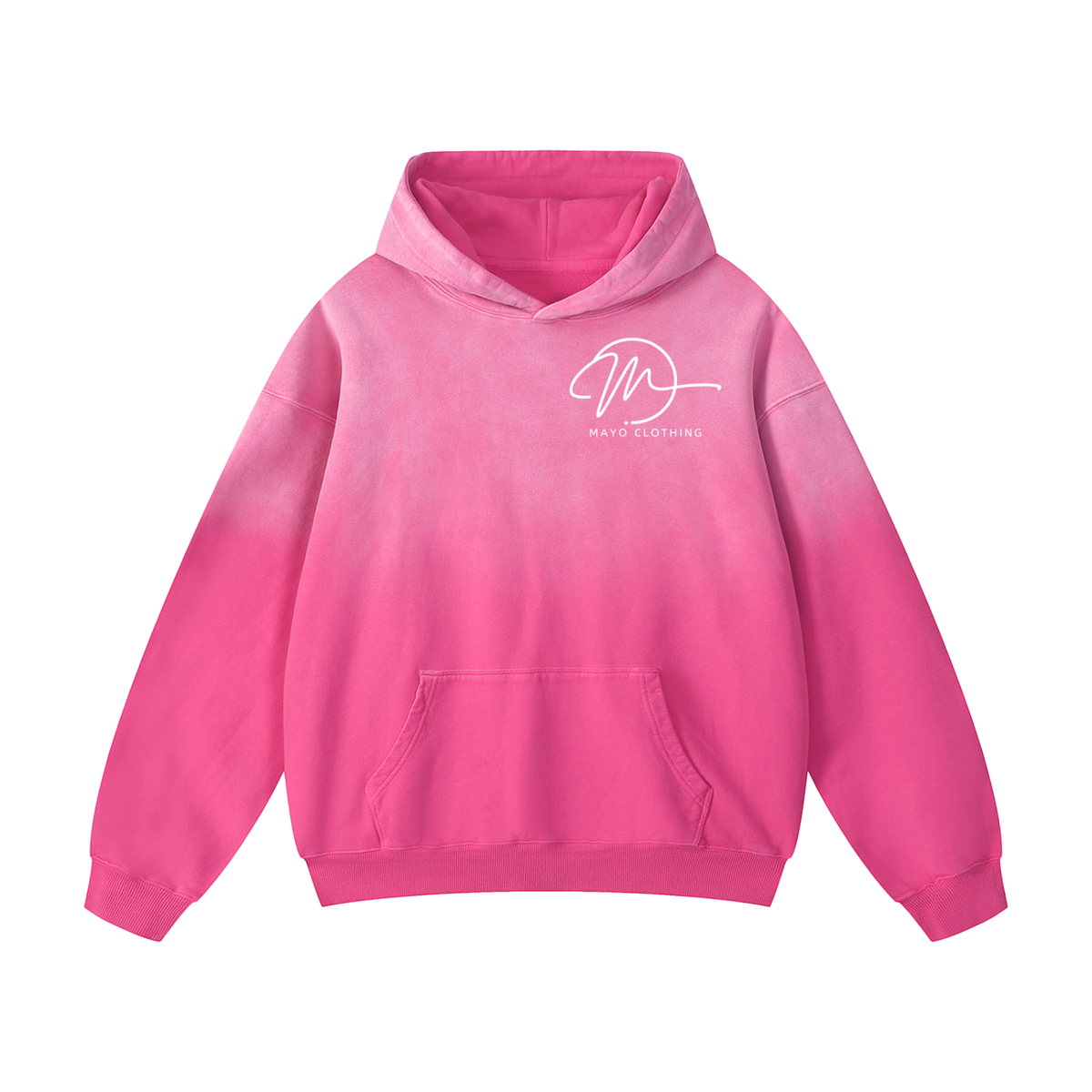 Pink hoodie with a logo on a white background